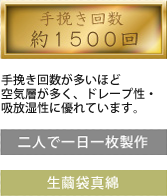 手挽き回数が多いほど空気層が多く、ドレープ性・吸放湿性に優れています。